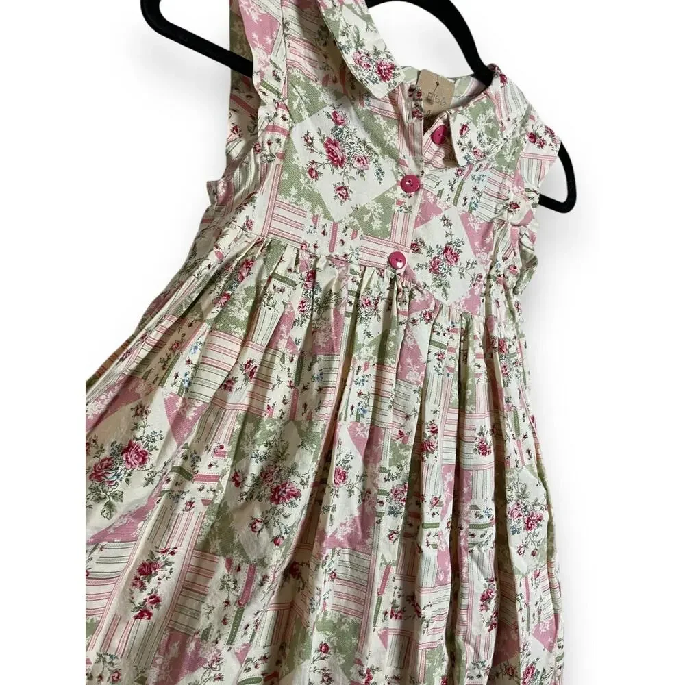 Vintage Shabby Chic Girls Floral Patchwork Print Sleeveless Dress Ivory Pink